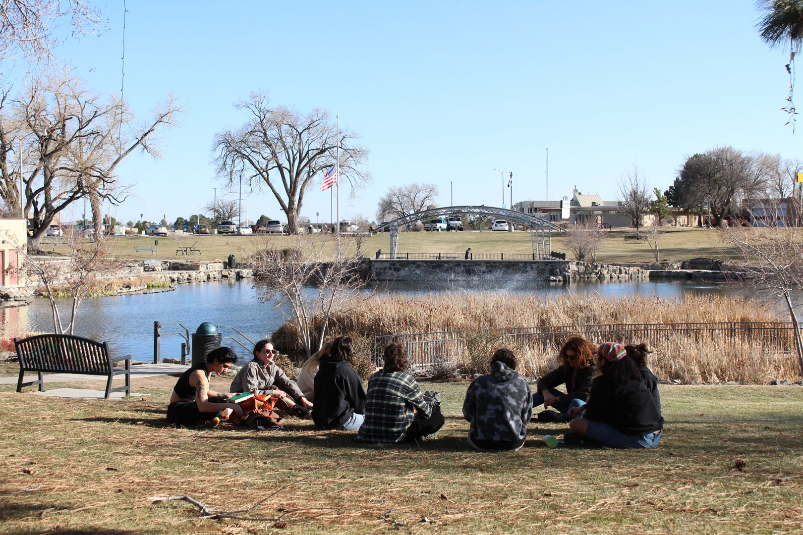After visiting the Bradbury Science Museum, the group debriefs at Los Alamos's historic Ashley Pond Park in March 2023. Photo submitted by Zeke Lloyd ’24.
